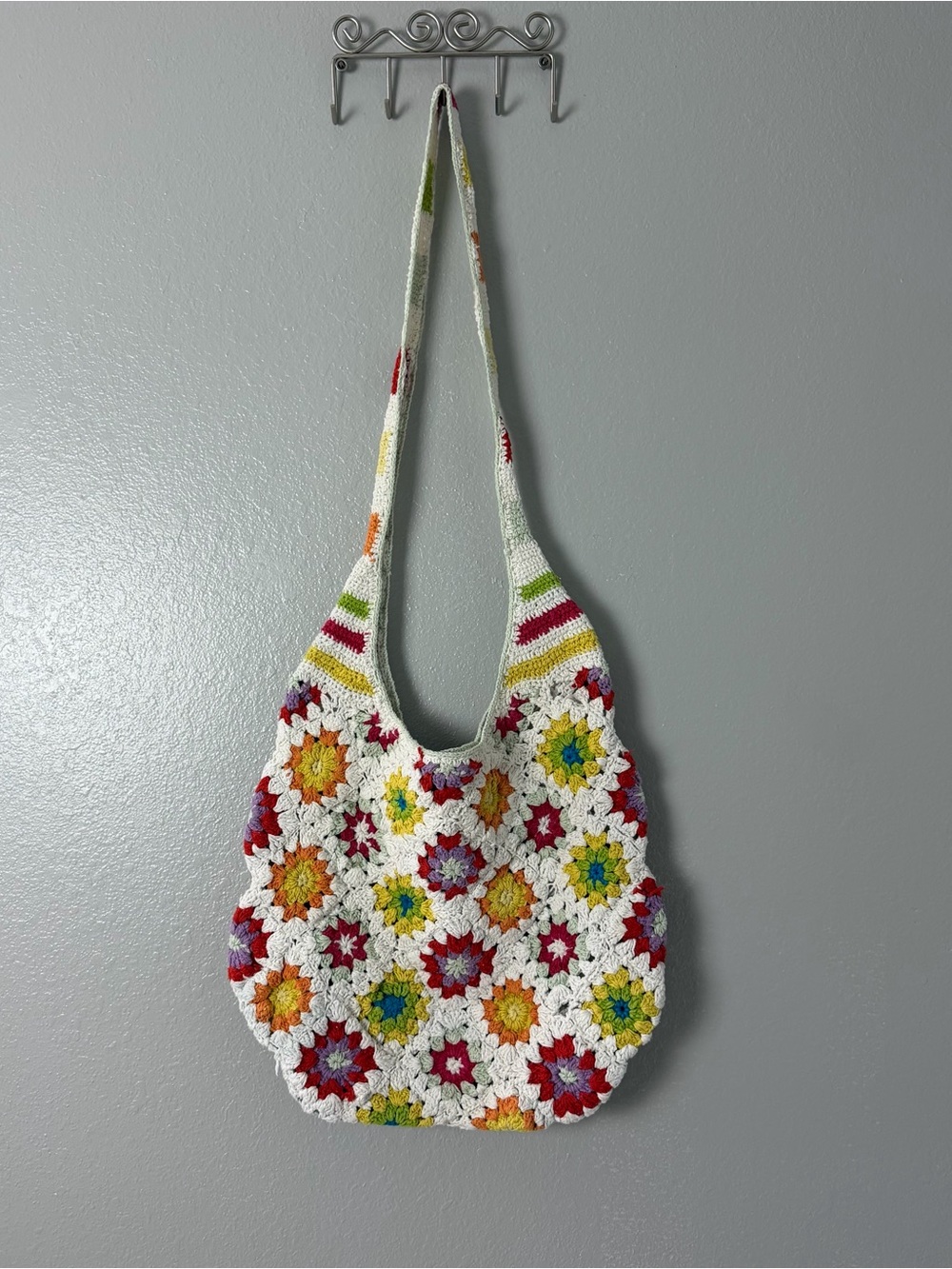Handmade Crochet Floral Shoulder Bag Cream White Boho Cottagecore Tote